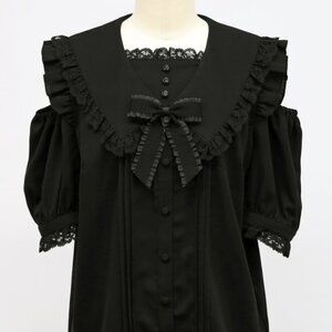 Amavel Rose Croix Black Ruffle Cold Shoulder Sailor Collar Blouse